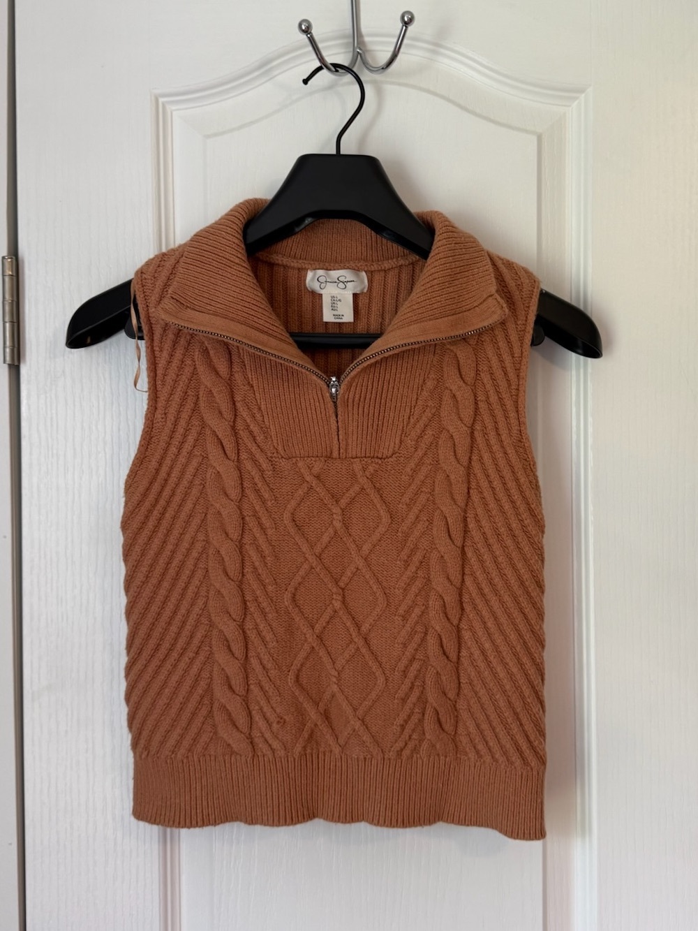 Jessica Simpson Brown Cable-Knit 1/4 Zip Mock Neck Sleeveless Sweater L